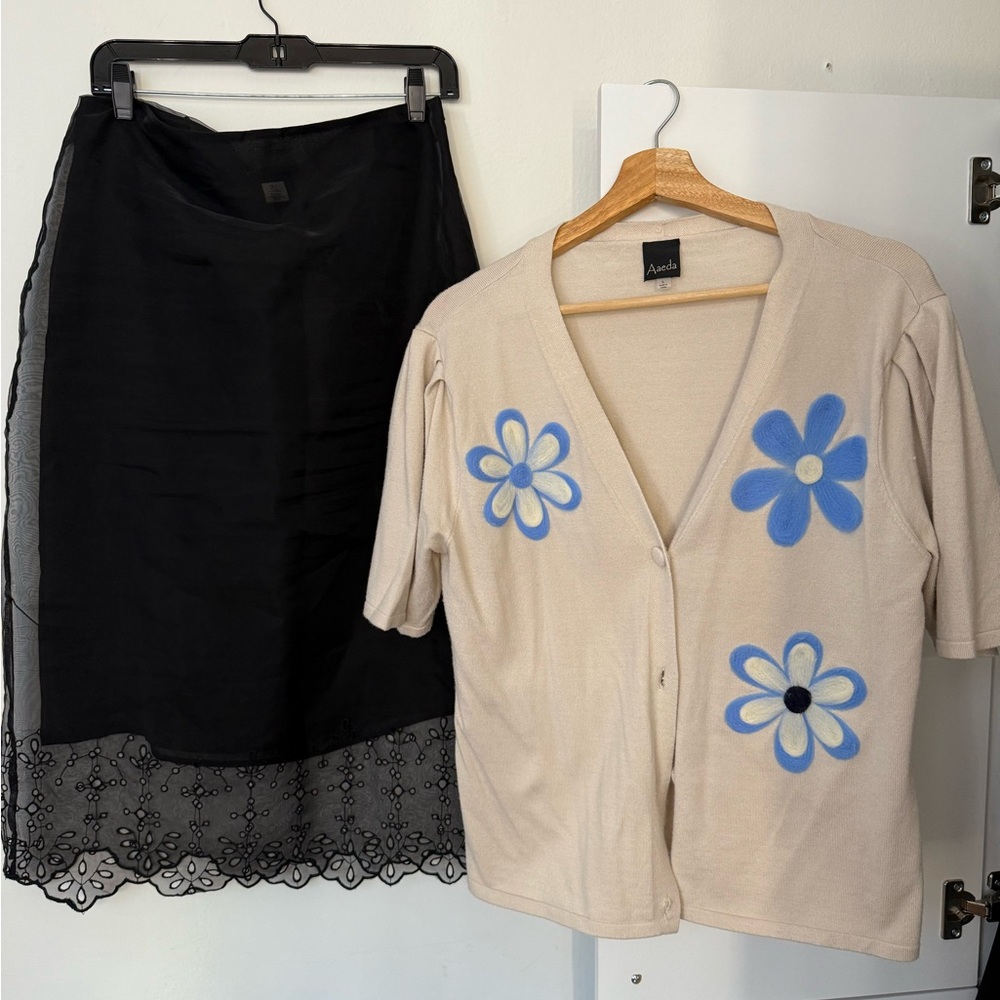 Sold as Set Black Skirt with sheer lace Set with soft cotton Cream Floral Design